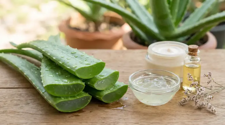 Foglie di aloe vera tagliate con gel in ciotola, crema e olio naturale su tavolo in legno