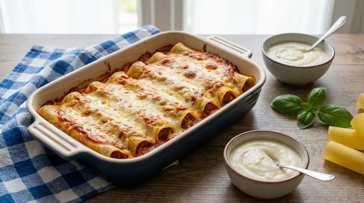 Cannelloni ripieni di carne al forno in pirofila, con besciamella e formaggio gratinati, accanto a ciotole di besciamella