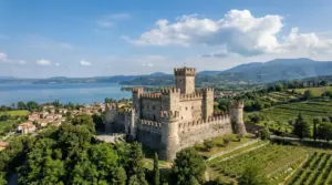 Castello medievale in pietra con torri merlate, circondato da colline verdi e vicino a un lago