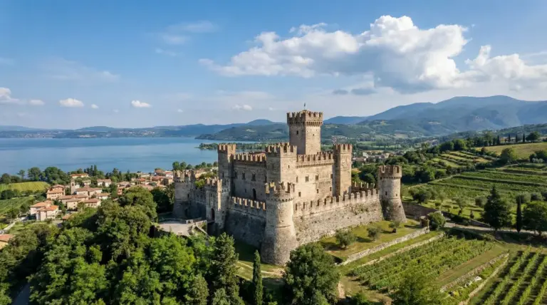Castello medievale in pietra con torri merlate, circondato da colline verdi e vicino a un lago