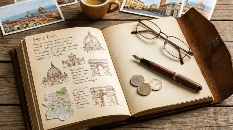 Taccuino di viaggio con schizzi di monumenti italiani, penna, occhiali e monete su tavolo in legno