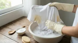 Persona con guanti lava a mano una maglietta bianca con aloni di sudore in una bacinella di acqua saponata