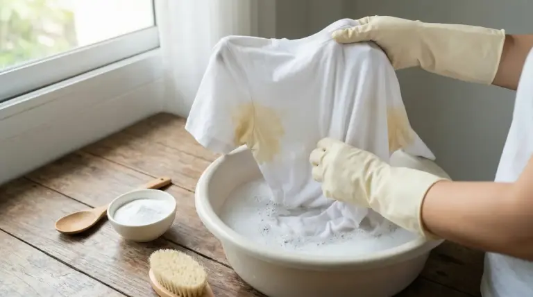 Persona con guanti lava a mano una maglietta bianca con aloni di sudore in una bacinella di acqua saponata