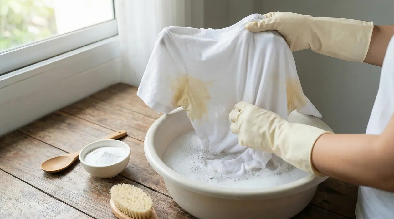 Persona con guanti lava a mano una maglietta bianca con aloni di sudore in una bacinella di acqua saponata