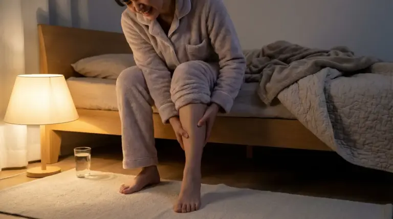 Persona seduta sul letto si massaggia il polpaccio, segno di crampi alla gamba durante la notte