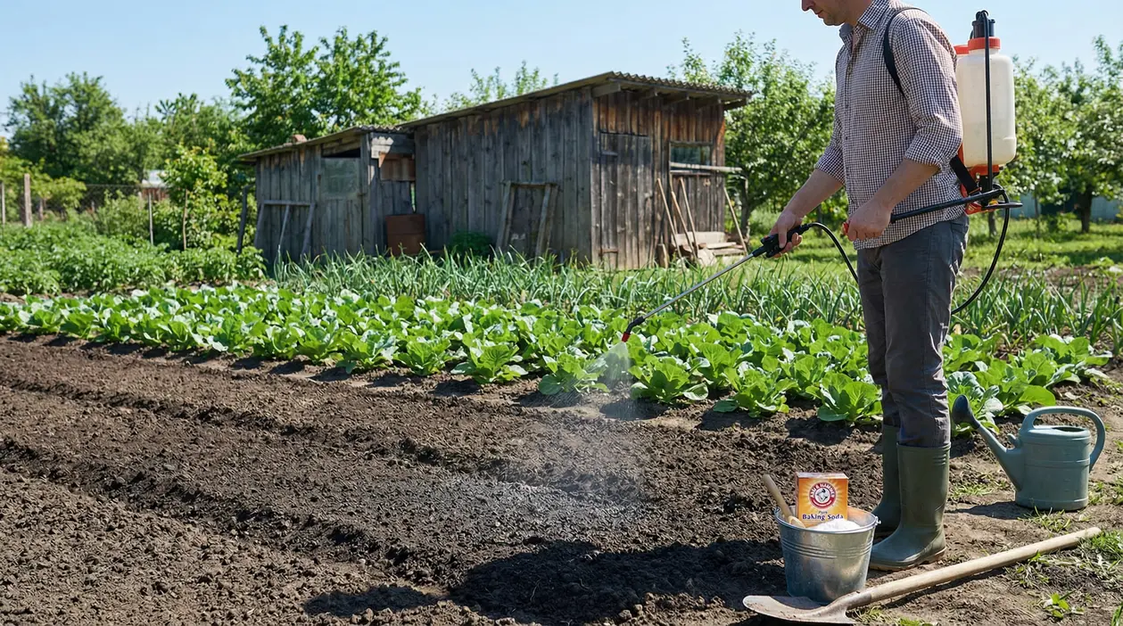 Persona che spruzza una soluzione naturale sul terreno dell’orto con pompa a spalla, vicino a filari di verdure