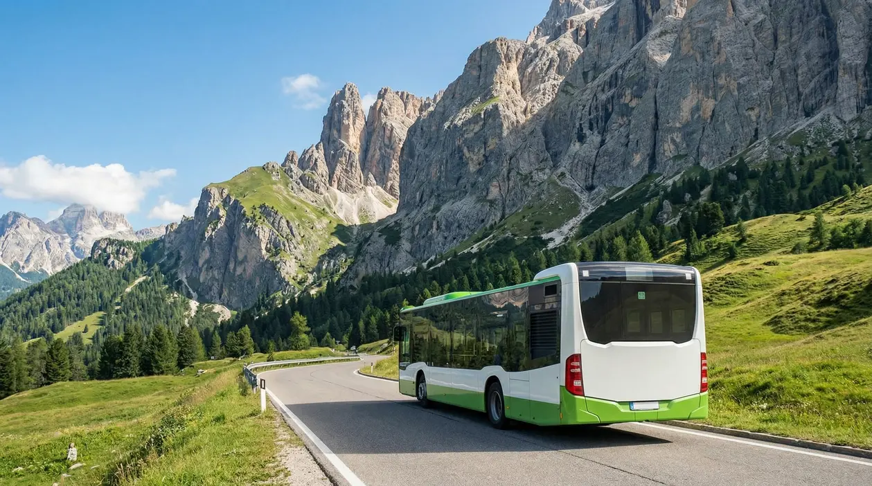 Autobus di linea su strada di montagna nelle Dolomiti, tra prati verdi e pareti rocciose sotto cielo sereno