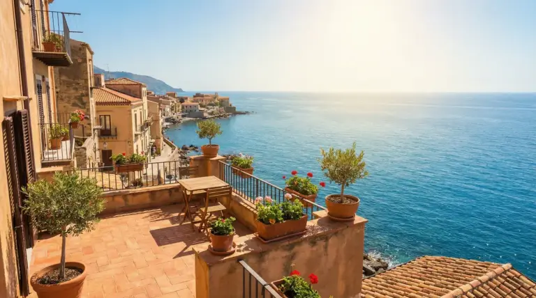 Terrazza panoramica sul mare in un borgo costiero siciliano, con tavolino e vasi di fiori affacciati sulla baia