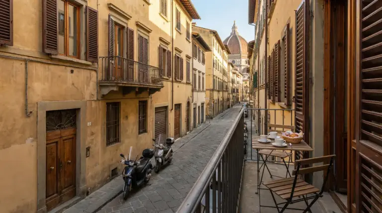 Vista da un balcone su una via del centro di Firenze con tavolino da colazione e cupola del Duomo sullo sfondo