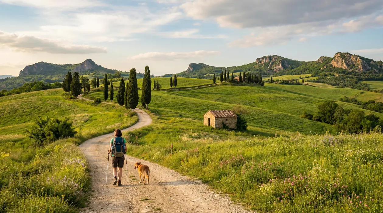 Escursionista con zaino e cane su sentiero tra colline verdi, cipressi e casale in campagna