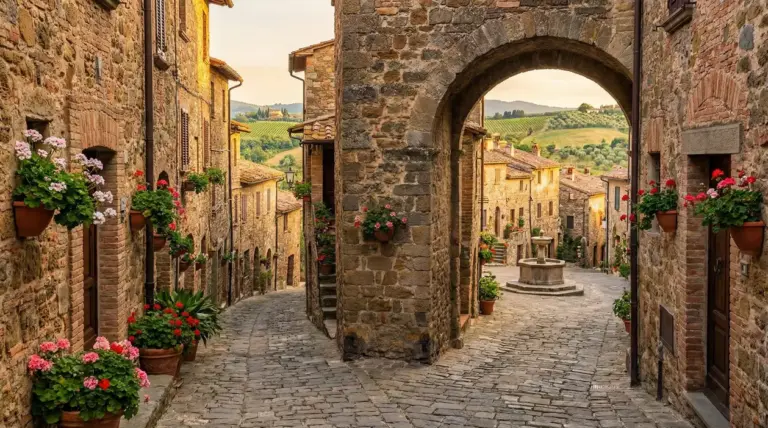 Vicolo in pietra di un borgo italiano con arco medievale, vasi di fiori e colline verdi sullo sfondo