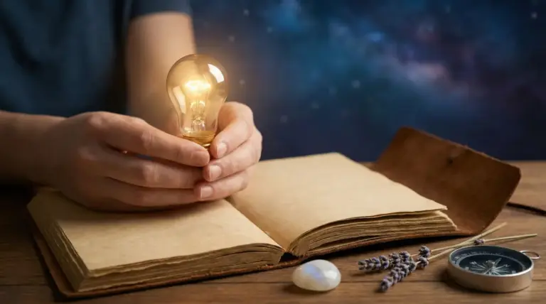 Mani che tengono una lampadina accesa sopra un libro aperto, con bussola e piccoli oggetti su un tavolo