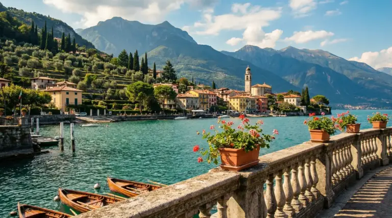 Vista di un borgo sul lago con montagne sullo sfondo, barche in legno e fiori su una balaustra