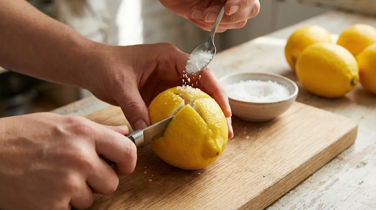 Mani che incidono una croce su un limone e lo riempiono di sale grosso su un tagliere in cucina