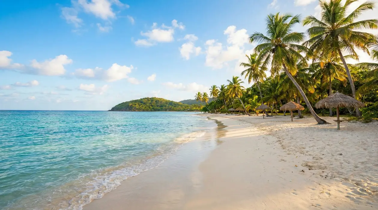 Spiaggia tropicale tranquilla con palme, mare turchese e ombrelloni in paglia, ideale per vacanze con mare caldo