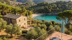 Casa in pietra tra ulivi e pini con vista su baia dal mare turchese e spiaggia tranquilla in Italia