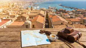 Mappa dell’Italia, occhiali da sole, caffè e borsa su un tavolo con vista su città costiera e porto