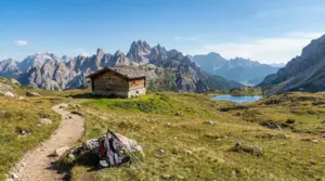 Baita in legno su prato alpino con sentiero, lago e cime rocciose sullo sfondo in una giornata di sole