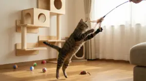 Gatto domestico che gioca con una bacchetta con piume in salotto, vicino a tiragraffi e giochi sul pavimento