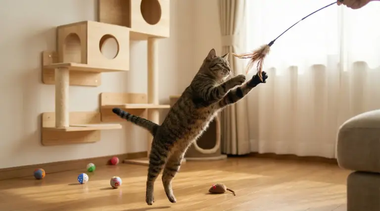 Gatto domestico che gioca con una bacchetta con piume in salotto, vicino a tiragraffi e giochi sul pavimento