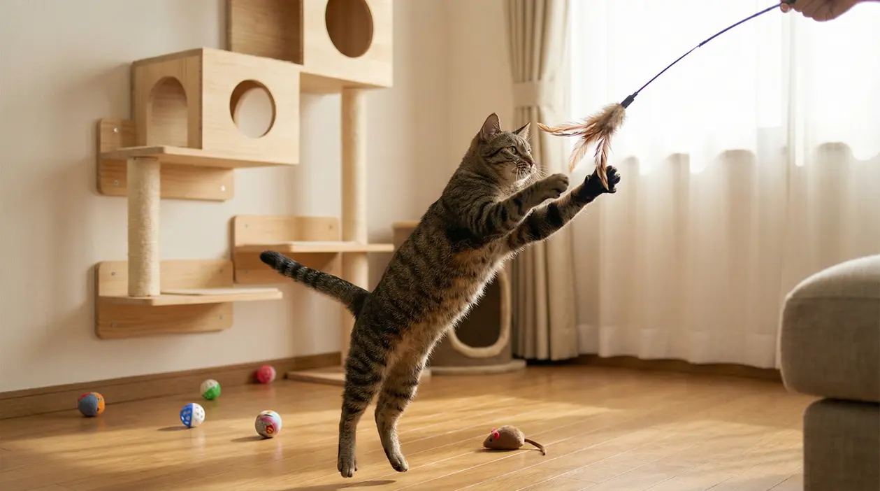 Gatto domestico che gioca con una bacchetta con piume in salotto, vicino a tiragraffi e giochi sul pavimento