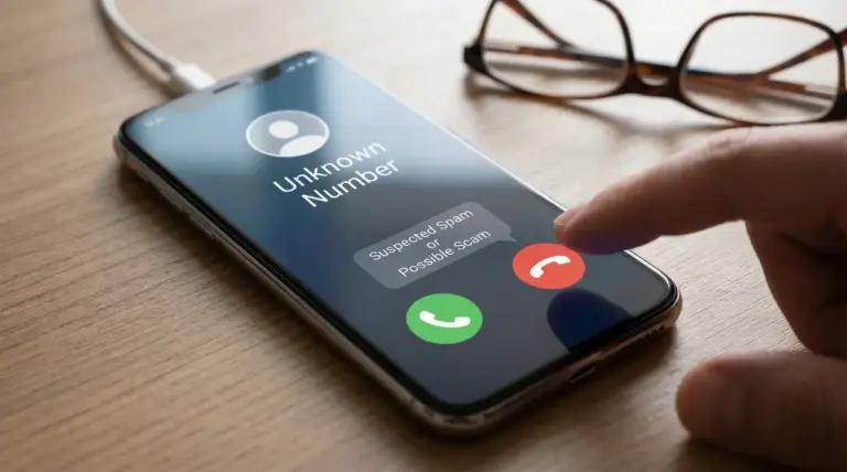 Smartphone con chiamata da numero sconosciuto e dito vicino al pulsante per rifiutare la chiamata