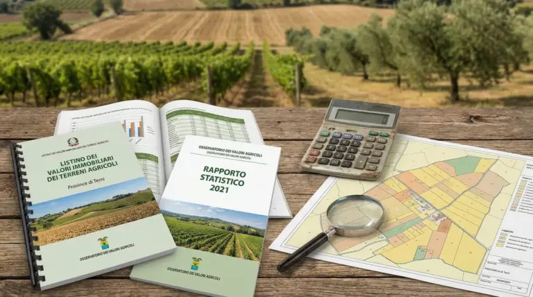 Documenti su valori dei terreni agricoli con calcolatrice, lente e mappa catastale su tavolo davanti a campi coltivati