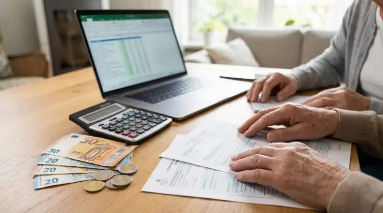 Persona che calcola importi su documenti con calcolatrice e laptop, con banconote e monete in euro sul tavolo