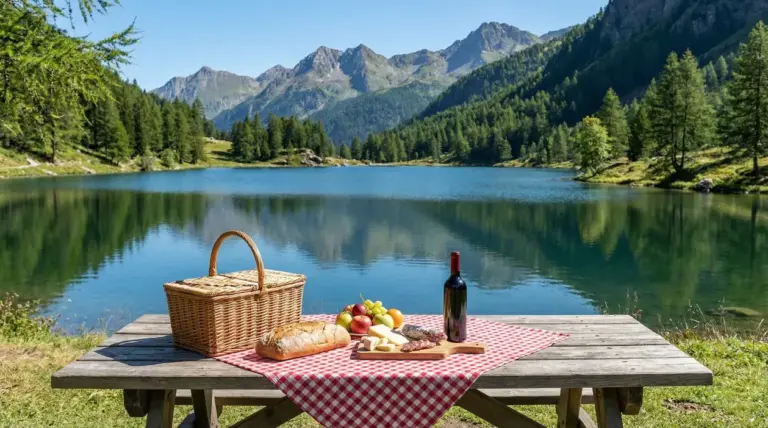 Tavolo da picnic con cesta, pane, frutta e vino davanti a un lago alpino con boschi e montagne