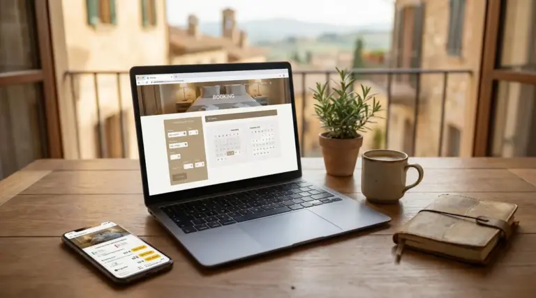 Laptop e smartphone con pagina di prenotazione b&b su un tavolo vicino a una finestra, con tazza e taccuino