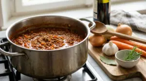 Pentola di ragù alla bolognese che sobbolle sul fornello con verdure e aromi su un tagliere accanto