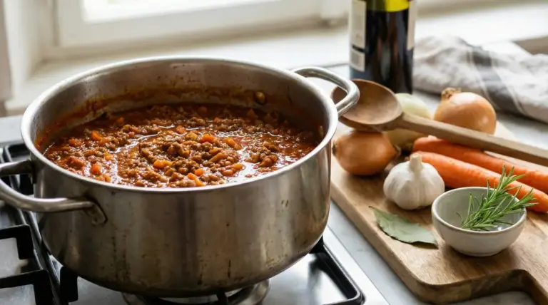 Pentola di ragù alla bolognese che sobbolle sul fornello con verdure e aromi su un tagliere accanto