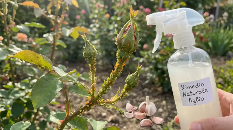 Boccioli di rosa infestati da afidi e flacone spray con rimedio naturale all’aglio in giardino