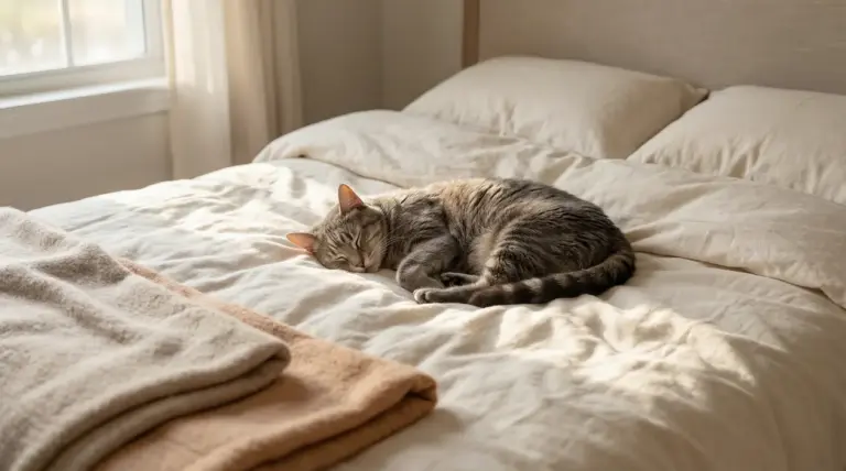 Gatto tigrato che dorme su un letto con lenzuola chiare in una stanza luminosa