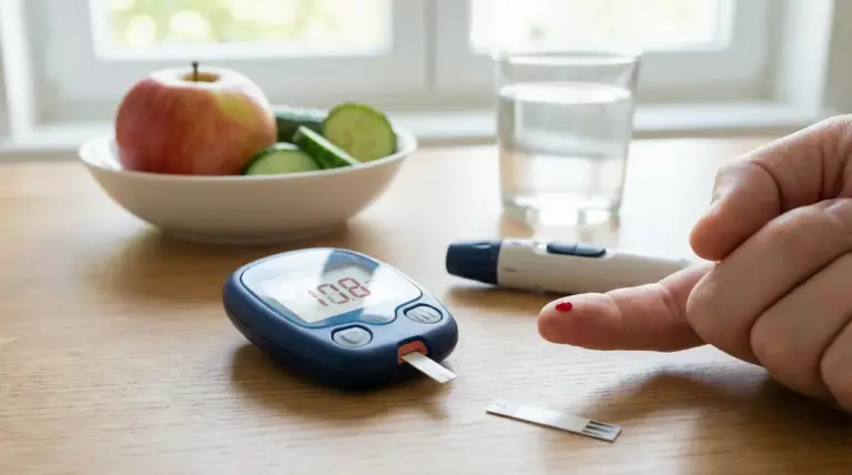 Misurazione della glicemia con glucometro: dito con goccia di sangue e strisce reattive su un tavolo