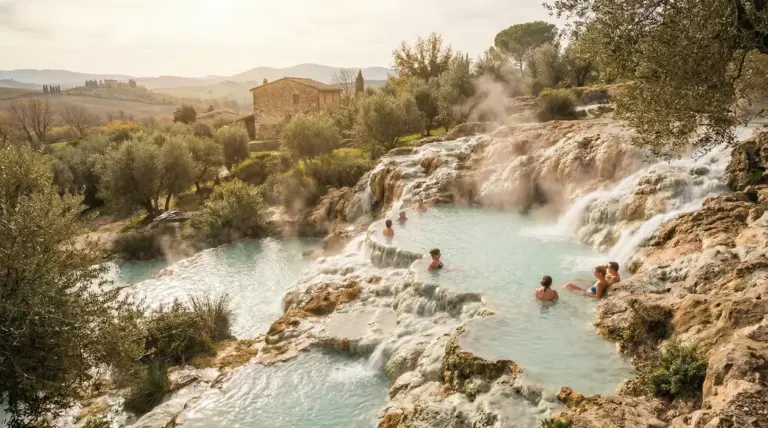 Piscine termali naturali con acqua azzurra e vapore, persone in relax tra rocce e colline toscane