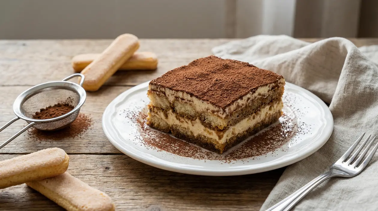 Fetta di tiramisù spolverata di cacao su piatto bianco, con savoiardi e setaccio sul tavolo di legno