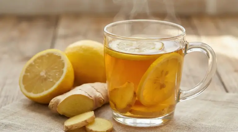 Tisana calda con zenzero e fette di limone in tazza di vetro su tavolo di legno