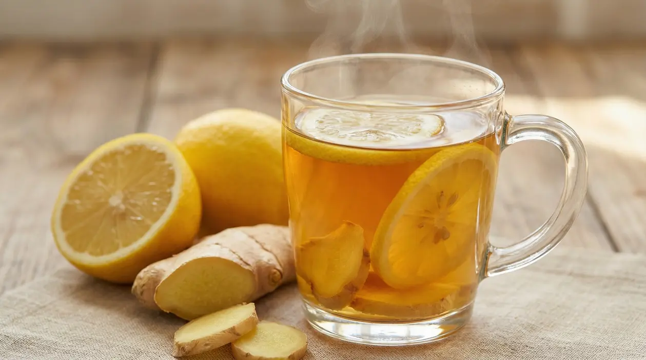 Tisana calda con zenzero e fette di limone in tazza di vetro su tavolo di legno