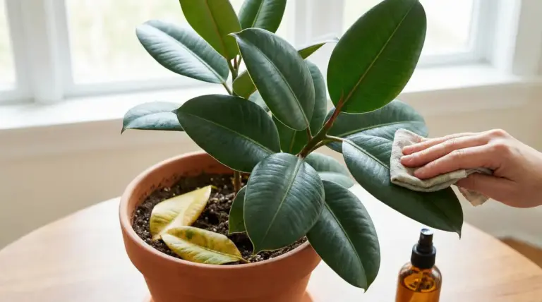 Mano che pulisce le foglie di un ficus in vaso; alcune foglie ingiallite sono cadute sul terriccio