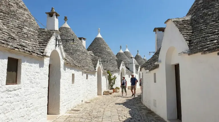 Stradina tra i trulli di Alberobello con due persone in passeggiata e tetti in pietra sotto cielo azzurro