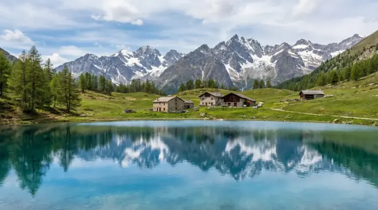Lago alpino con baite, prati verdi e vette innevate sullo sfondo in Valle d’Aosta