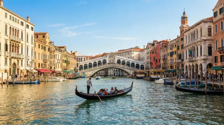 Canal Grande a Venezia con gondola e Ponte di Rialto sullo sfondo, tra palazzi storici e barche