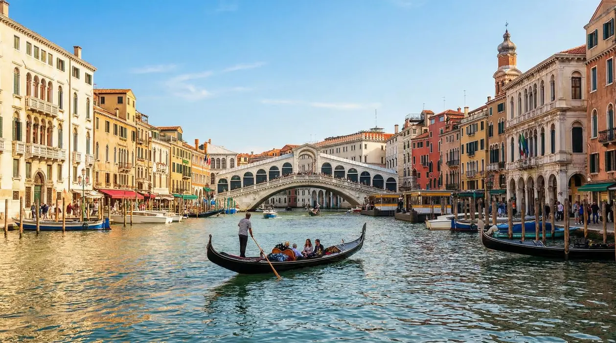 Canal Grande a Venezia con gondola e Ponte di Rialto sullo sfondo, tra palazzi storici e barche