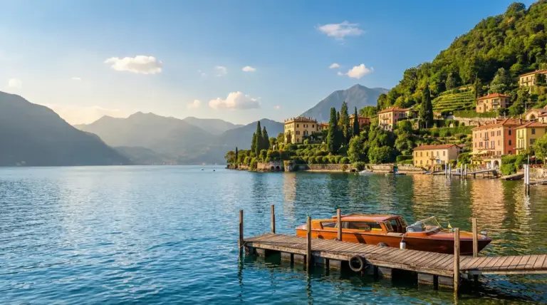 Lago con barca in legno al pontile e borgo sulla collina, tra montagne e acqua calma al tramonto