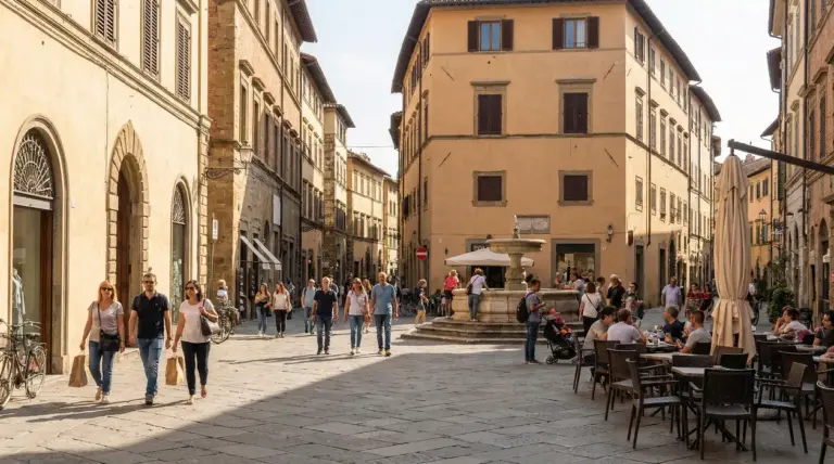 Centro storico pedonale con persone che passeggiano tra palazzi antichi, una fontana e tavolini all’aperto